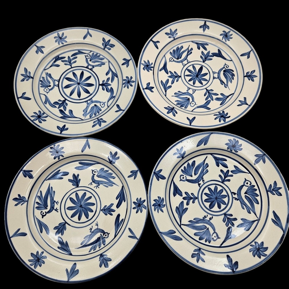 4 Evandale by Noble Stoneware Salad Plate Blue White Birds Flower 8.5" Set of 4